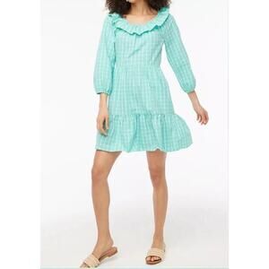 NWT J. Crew Green Plaid Seersucker Ruffled Dress Size 8